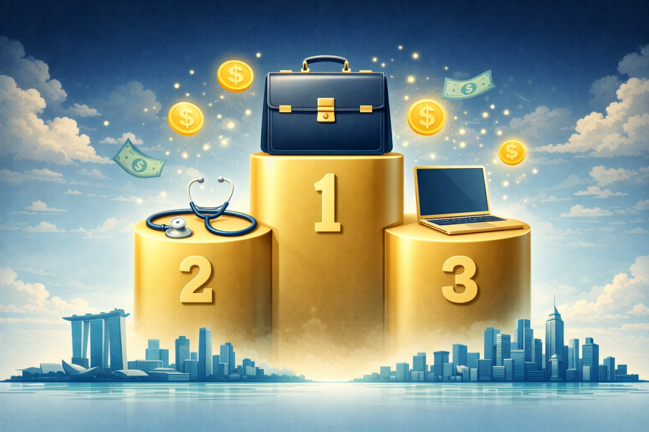 Highest paying jobs podium with career icons and Singapore skyline